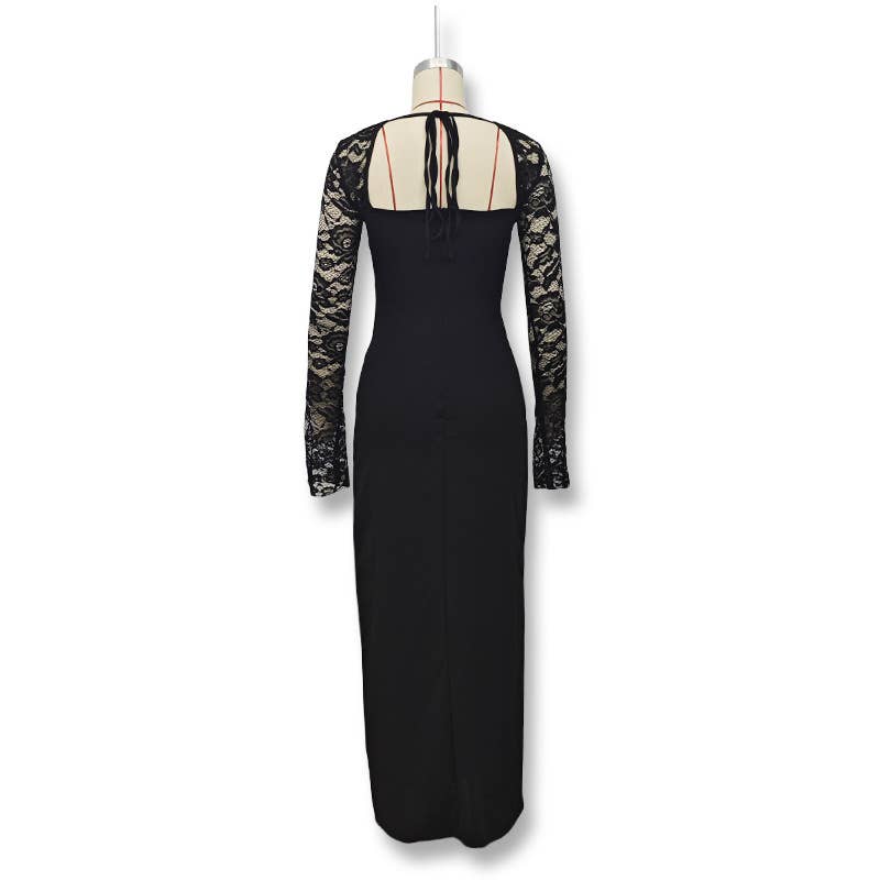 Low-cut high-slit lace patchwork dress