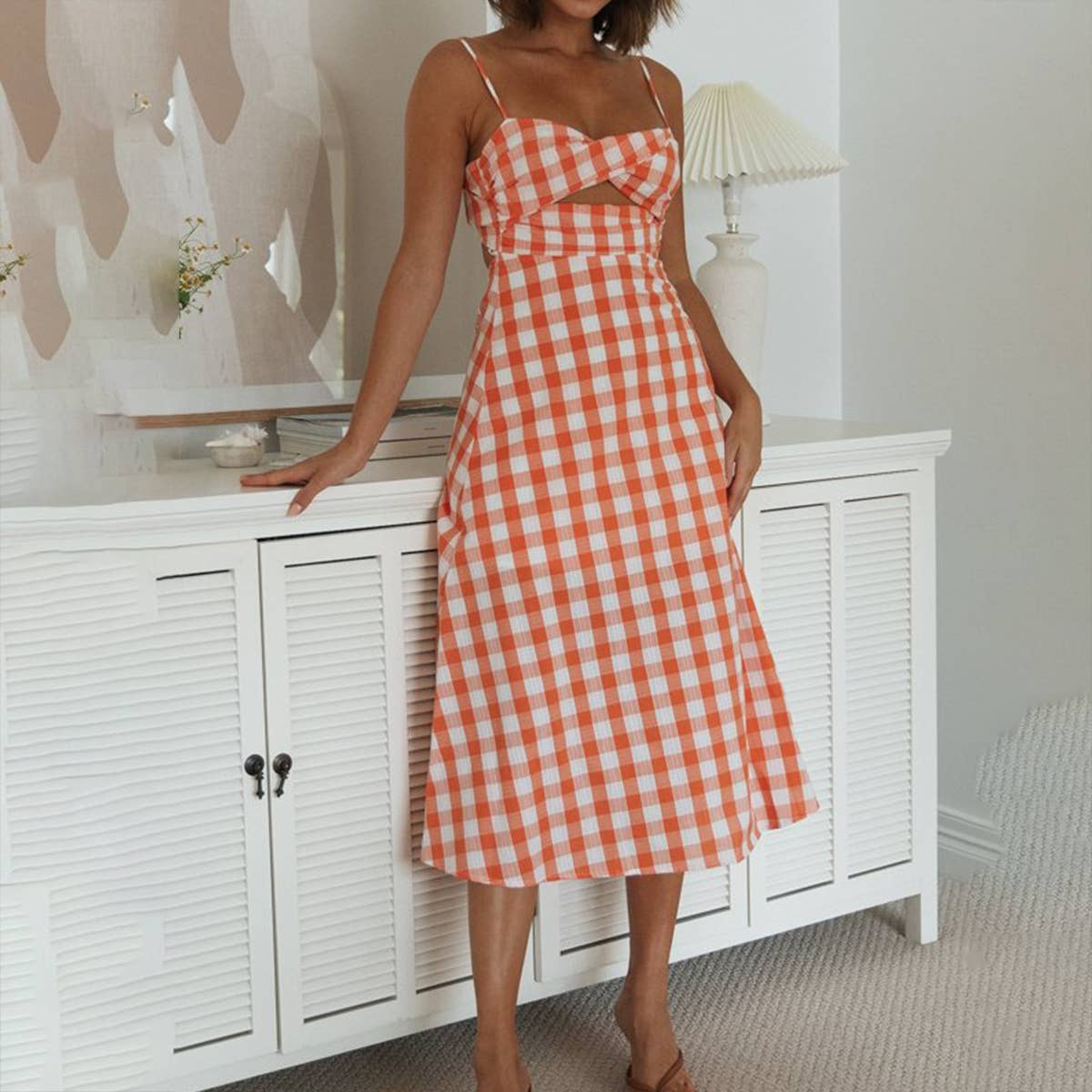 Plaid Cutout Front Backless Maxi Dress