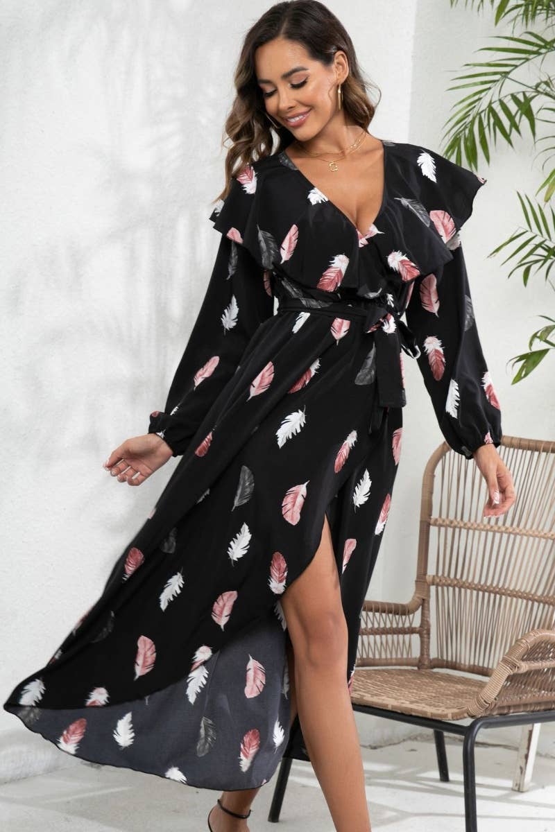 CWDMD3955_V-NECK FEATHER LONG-SLEEVED SLIT DRESS