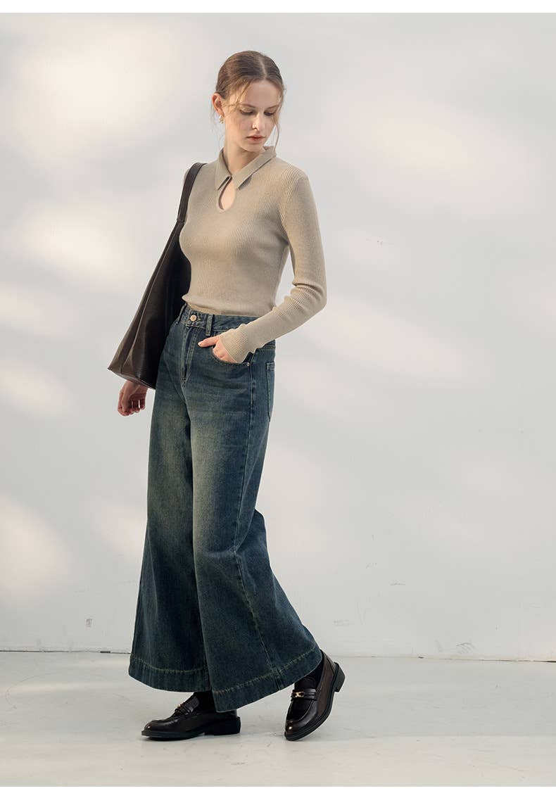 Retro high-waisted simple loose wide-leg jeans