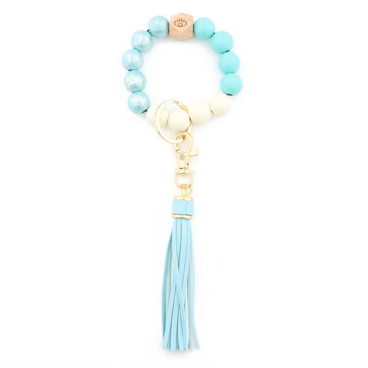 Printed Wood Bead Bracelet Keychain with Tassel_CWMM7025
