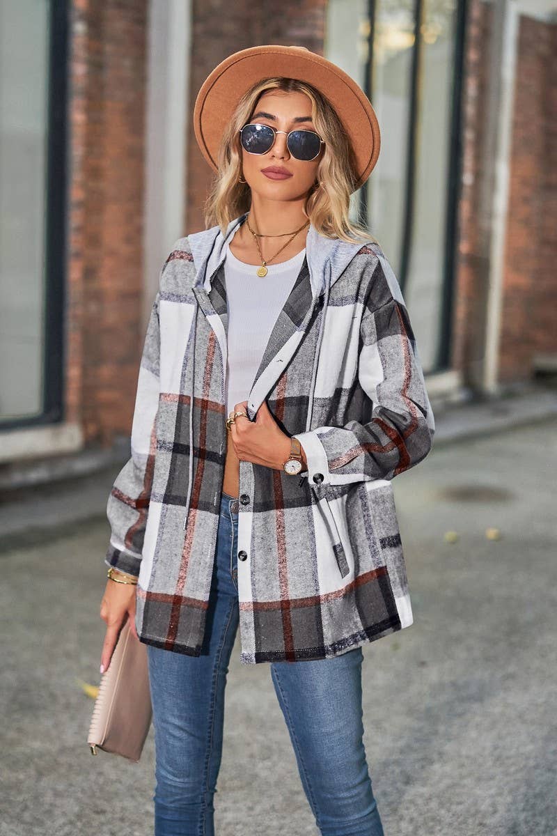 CWOCO1102_CASUAL LOOSE MID-LENGTH PLAID HOODED COAT