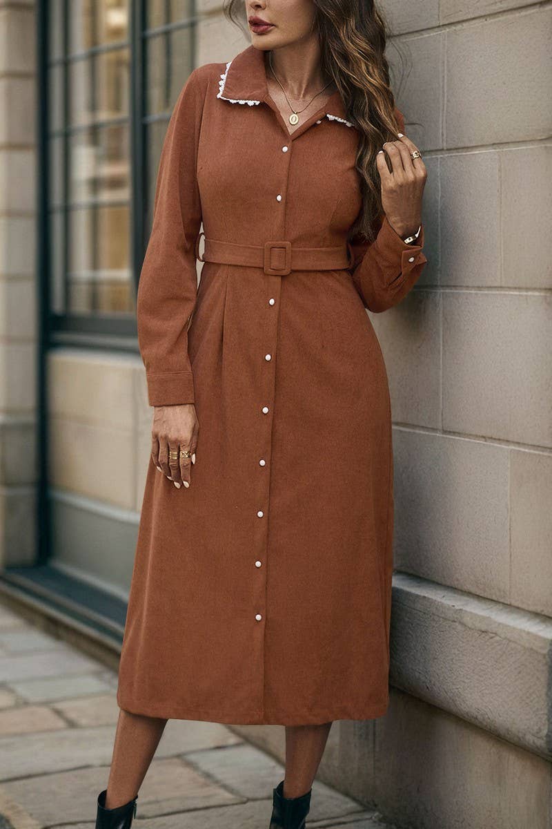 CWDMD4806_AUTUMN AND WINTER LAPEL STITCHING LACE DRESS