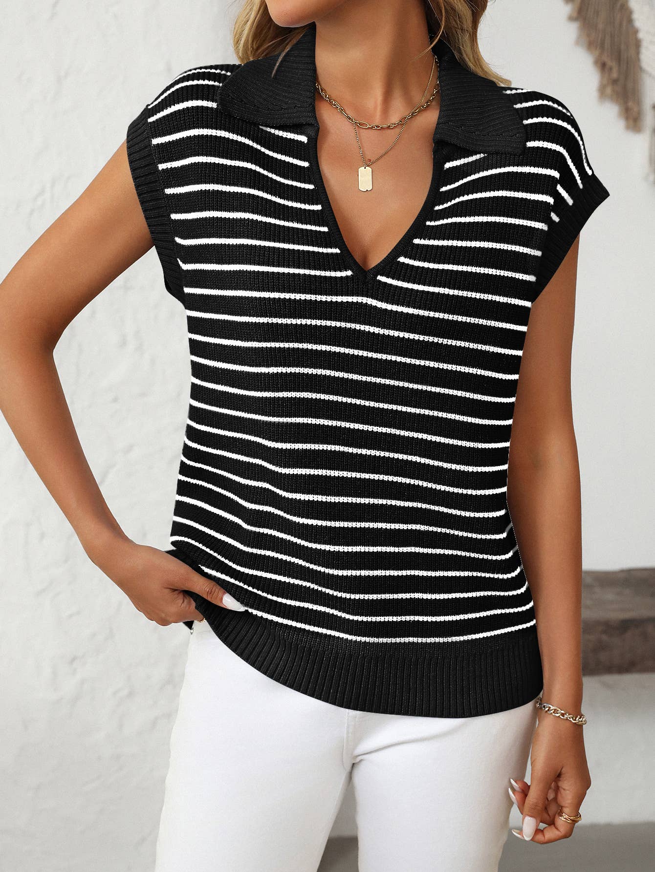 V-neck casual striped lapel knitted sweater
