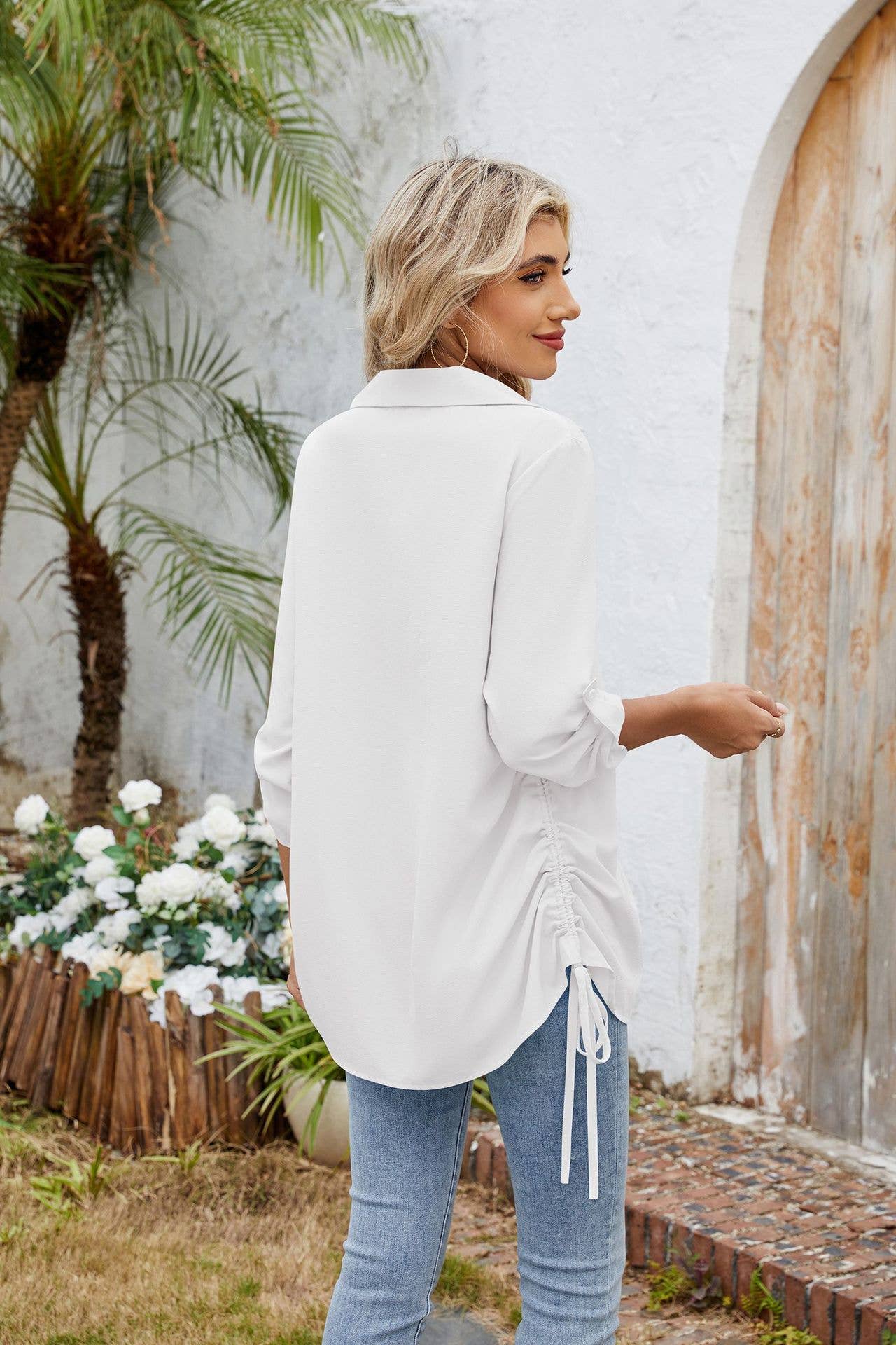 Solid color lapel loose mid-sleeved chiffon shirt