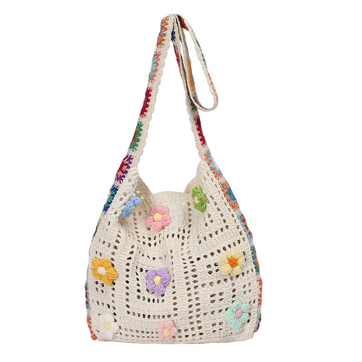 Ethnic-style artistic flower patchwork knit bag