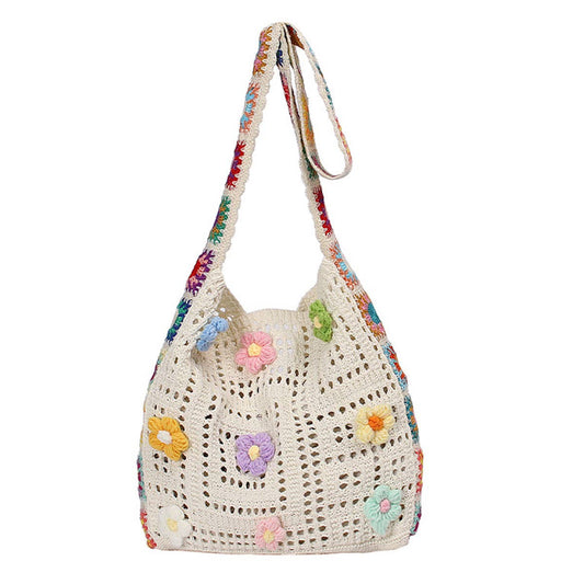 Ethnic-style artistic flower patchwork knit bag