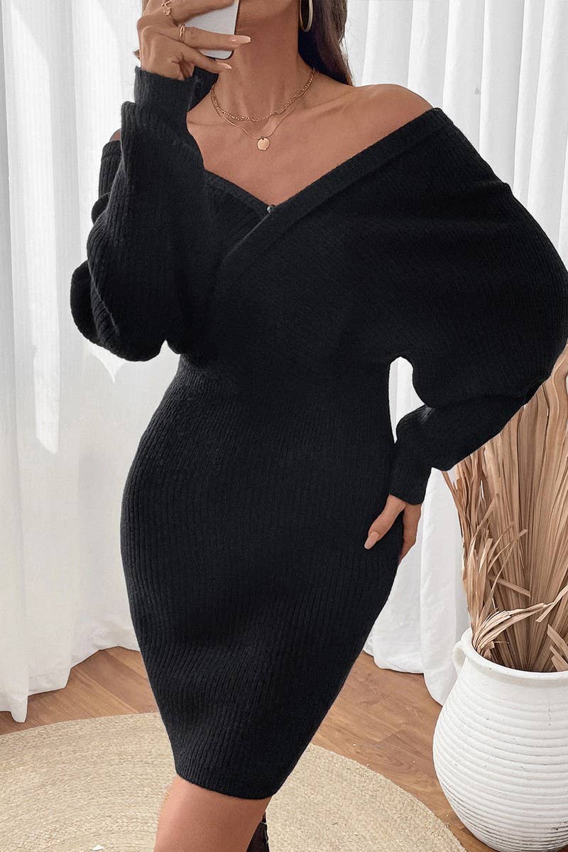 CWDSD7299_BATWING SLEEVE SOLID COLOR KNITTED SWEATER DRESS