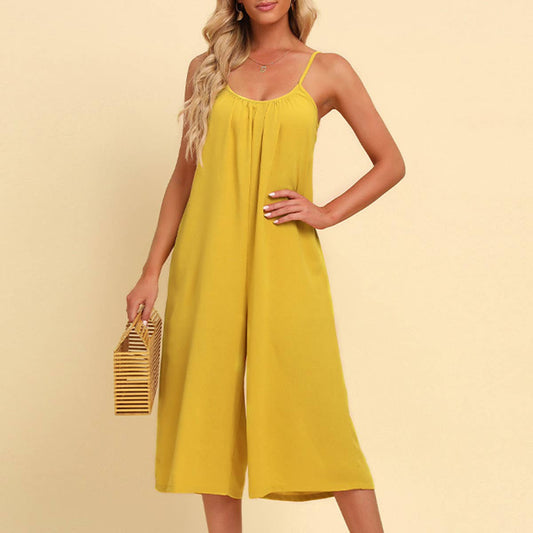 Loose solid color casual halter jumpsuit wide leg