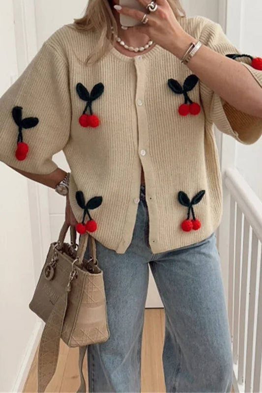 CWOCAL1799_CHERRY DECOR SOLID COLOR CREWNECK KNIT CARDIGAN