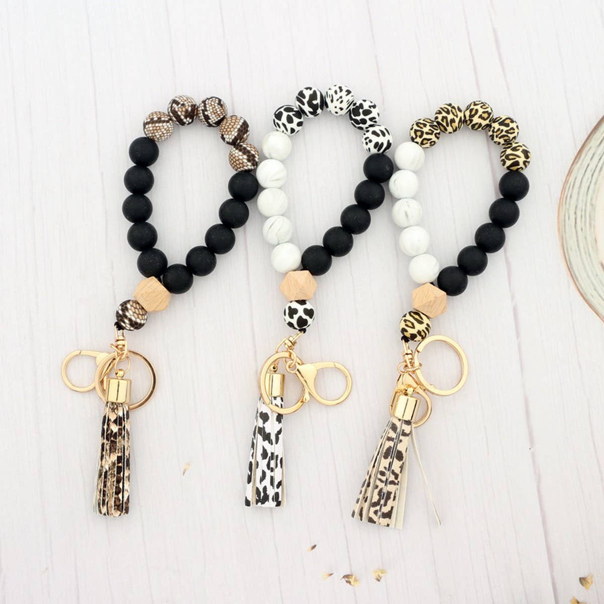 Silicone & Wood Bead Bracelet with Leather Keychain