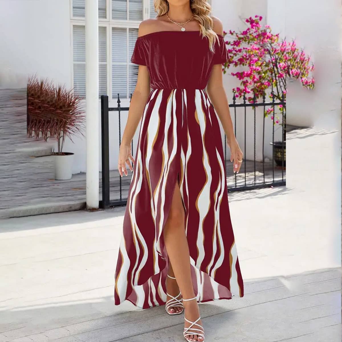 SPLICED FAKE TWO SHORT SLEEVE PRINTED SUIT DRESS_CWDMD1267