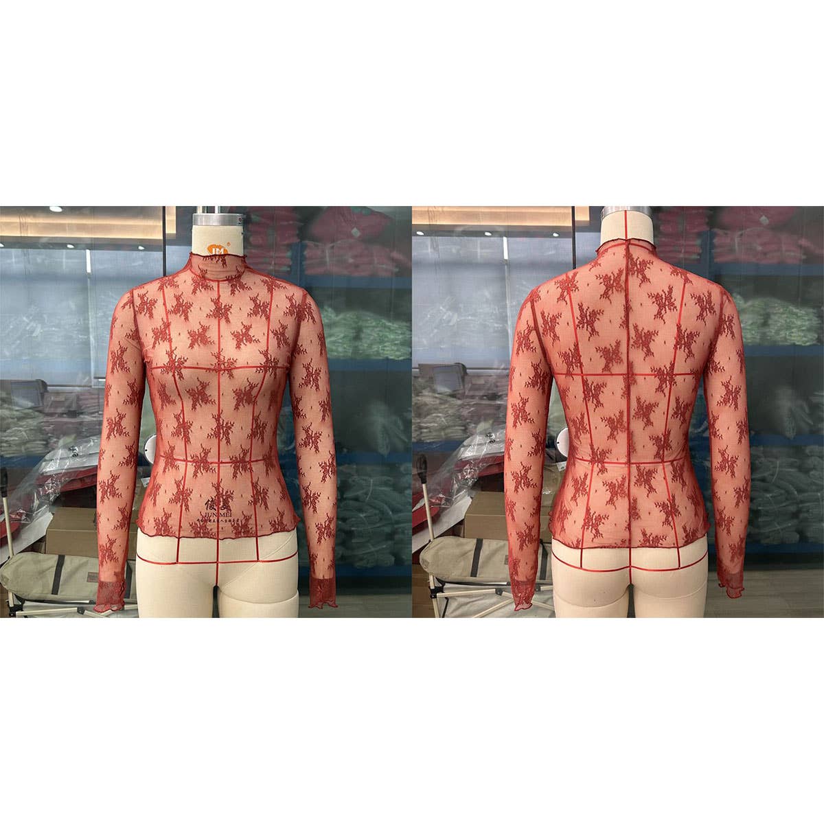 SEMI SHEER MESH LACE TOP BOTTOMING SHIRT