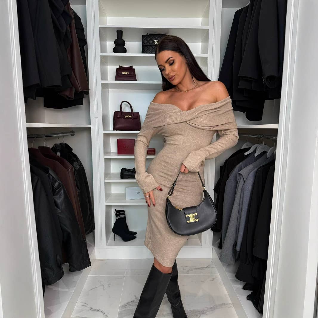 SOLID COLOR OFF-THE-SHOULDER SLIM-FIT DRESS