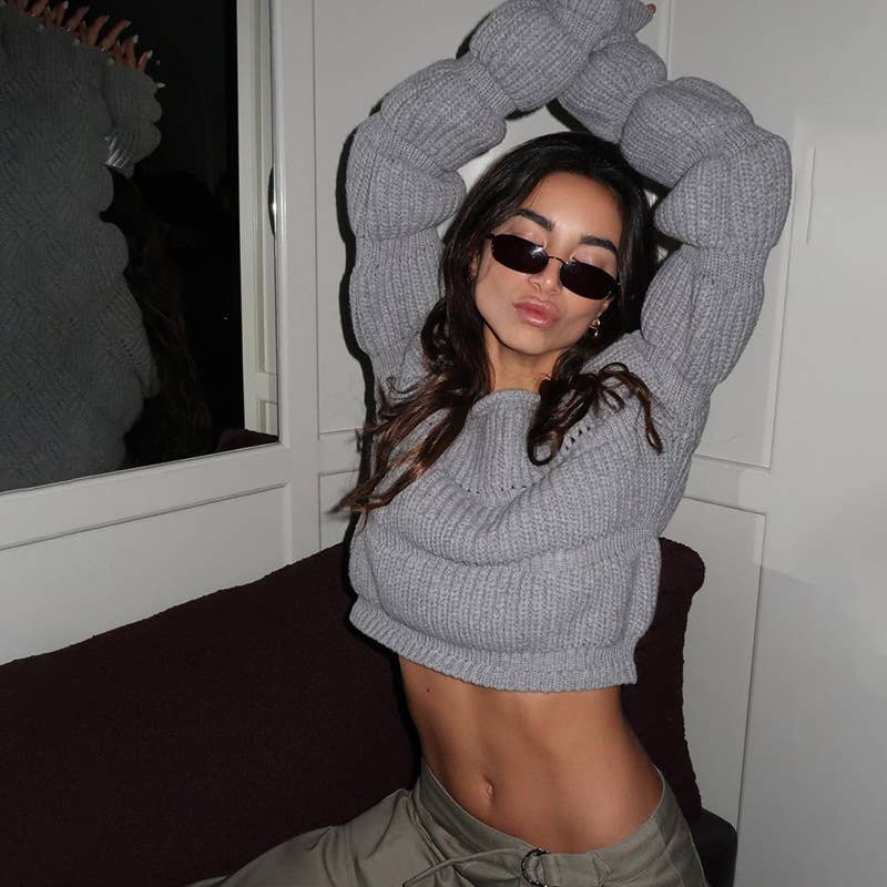 Design Sense Lantern Sleeve Short Crop Sweater