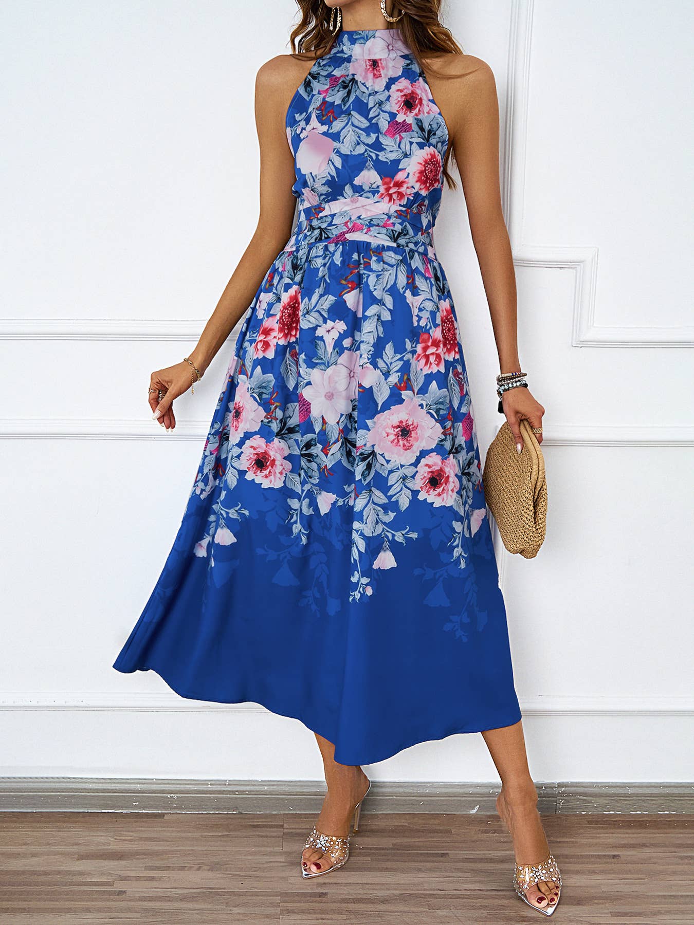 FASHION HALTER PRINT WAIST SLIMMING DRESS