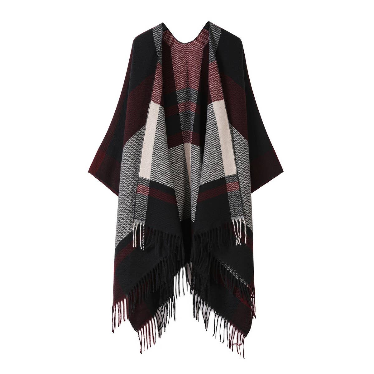 FRINGED SLIT SHAWL PLAID SCARF WARM CAPE