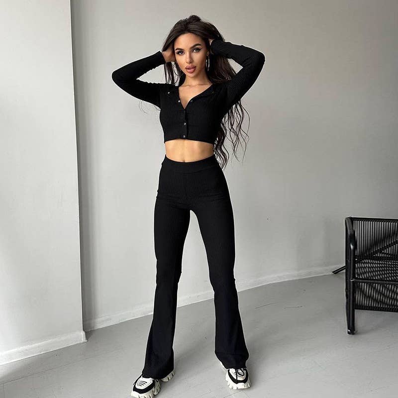 SHORT LONG-SLEEVE TOP AND PANTS FLARED PANTS SUIT