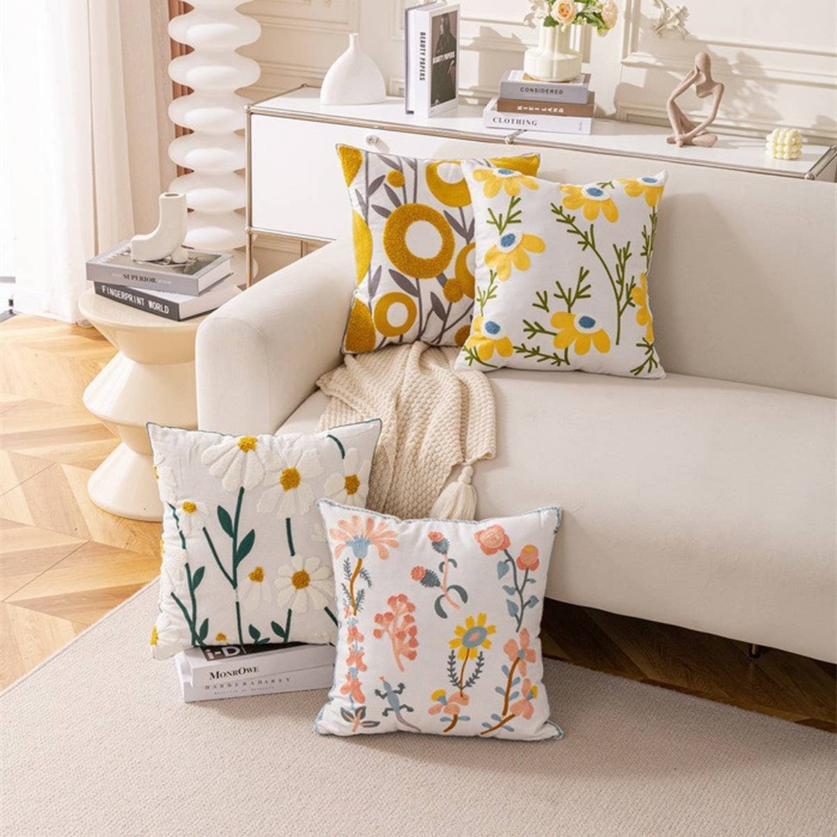 Tulip Embroidered Cute Pillow Cover for Bed & Sofa