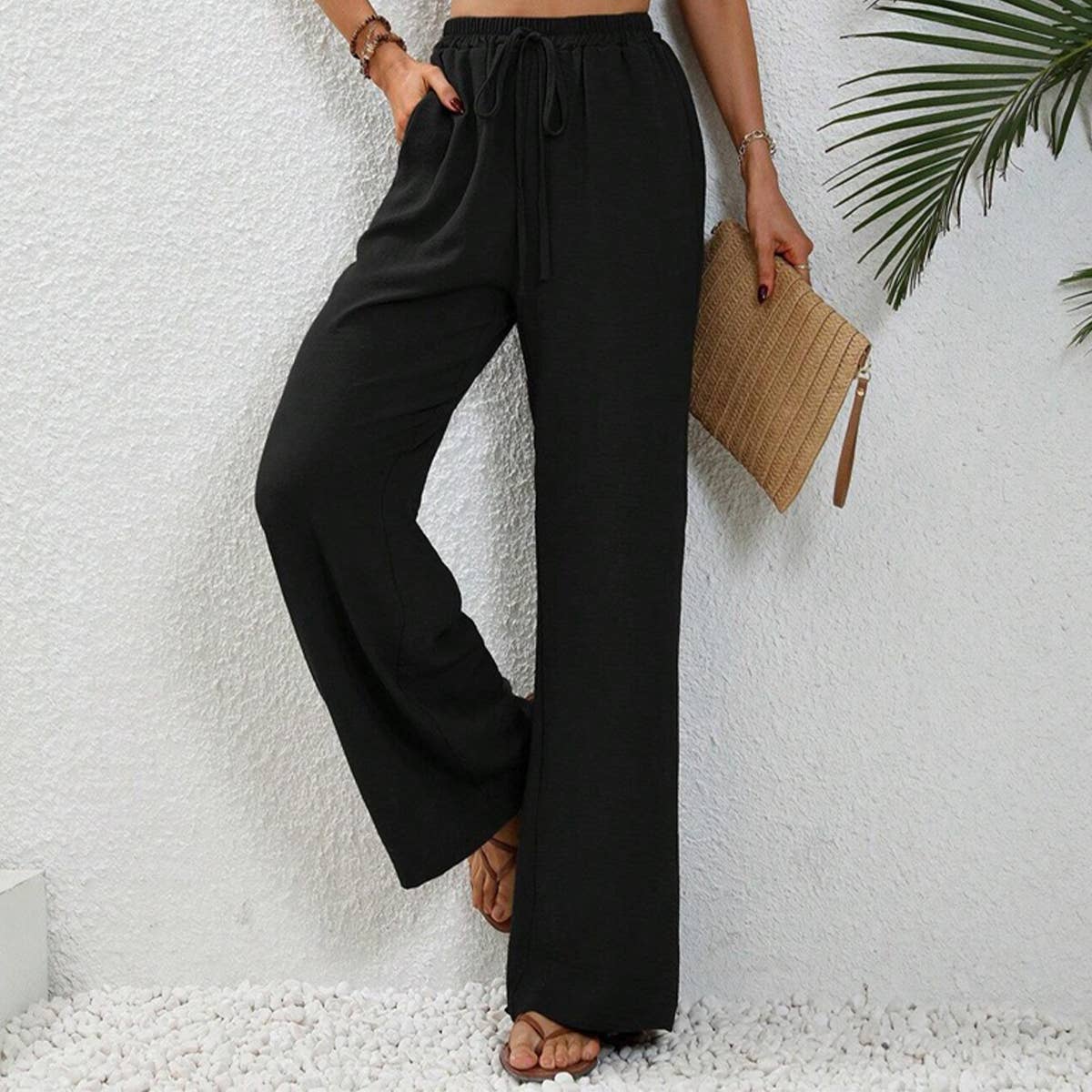 Loose solid color floor-length wide-leg pants