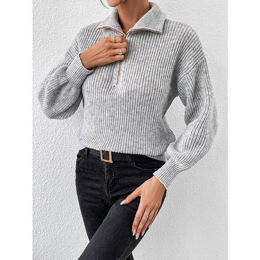 SOLID COLOR LOOSE CASUAL POLO NECK ZIP-UP SWEATER