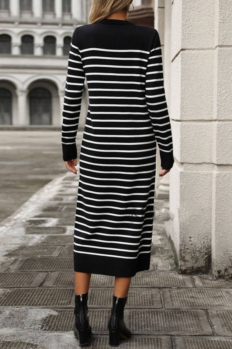 CWDMD4023_ROUND NECK LONG SLEEVE STRIPED DRESS LONG STYLE