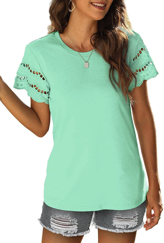 LACE PATCHWORK SHORT SLEEVE T-SHIRT CREW-NECK TOP