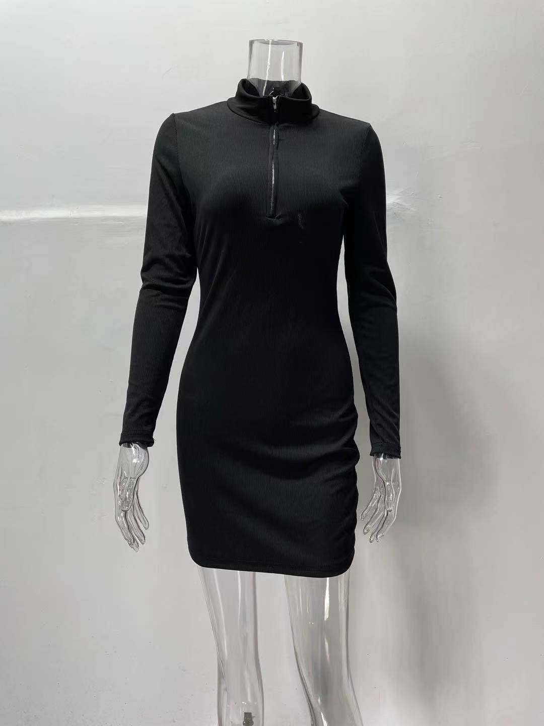 LAPEL ZIP-UP HIGH-WAISTED LONG-SLEEVED BASE DRESS