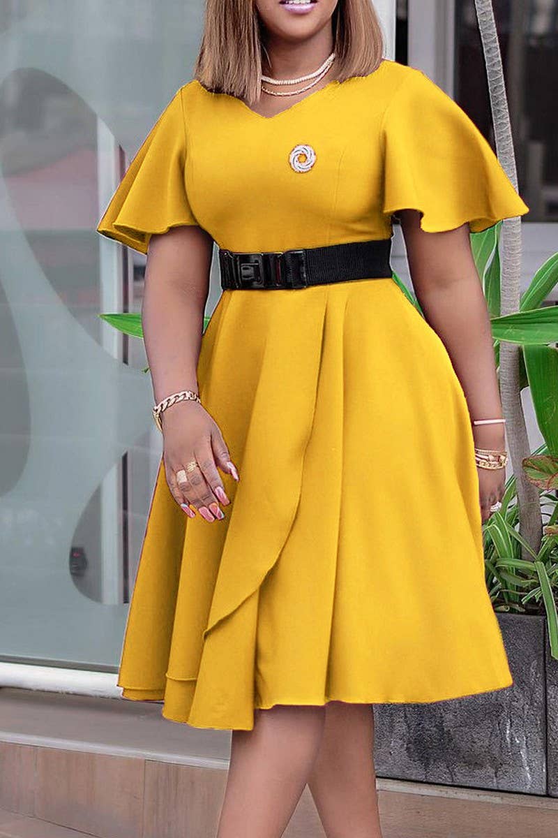 CWDSD3579_PLUS SIZE BELL SLEEVE SOLID COLOR MIDI DRESS