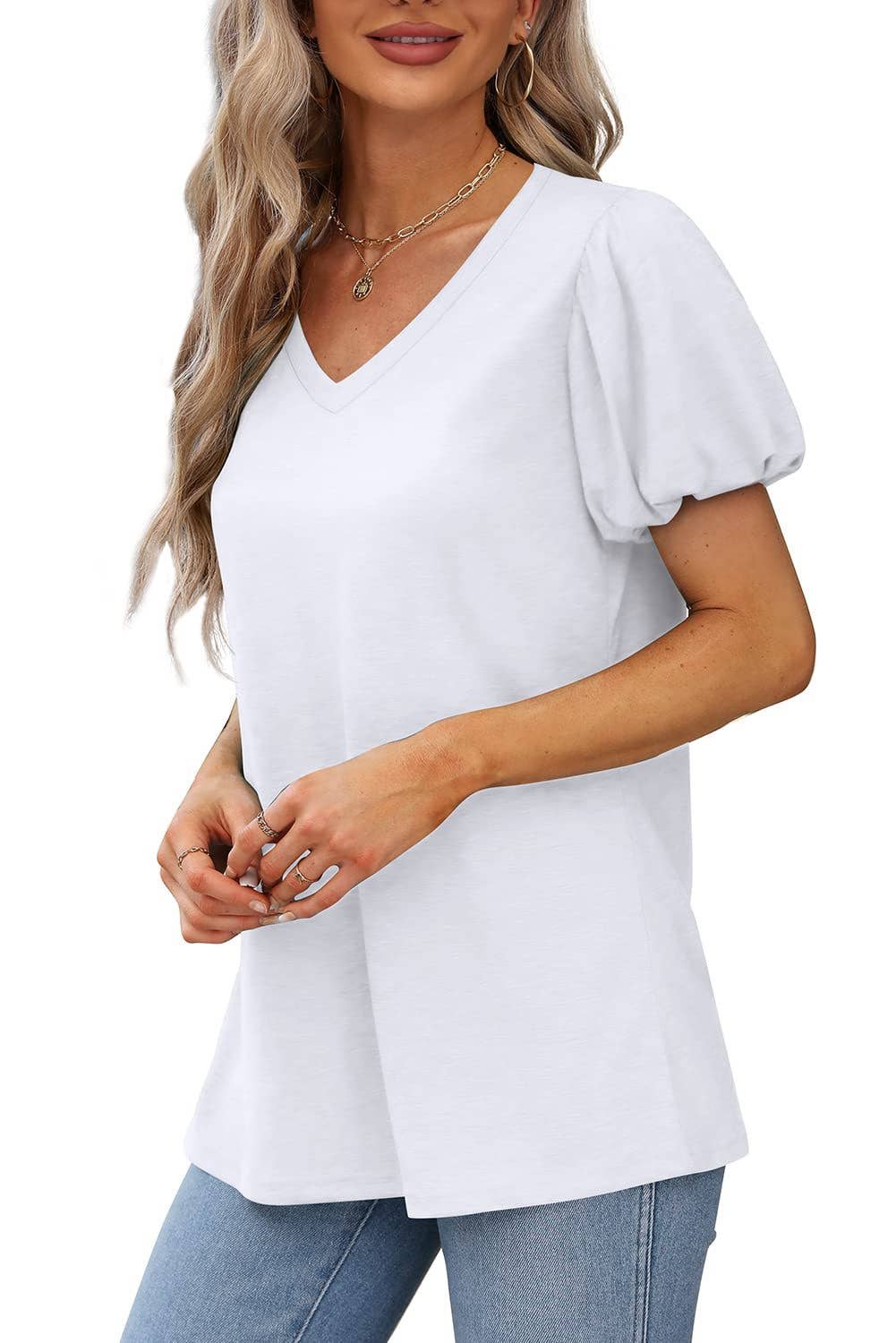 V-NECK LANTERN SLEEVE SOLID SHORT-SLEEVED TOP