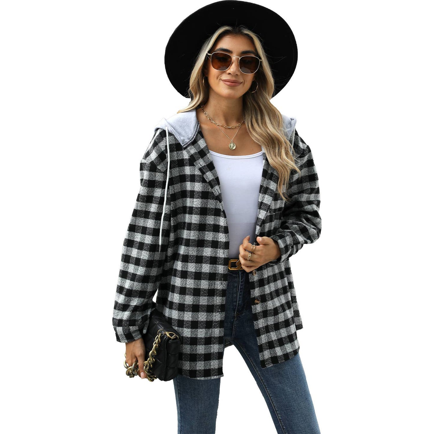 HOOD PLAID PATCHWORK SINGLE BREASTED WOOLEN COAT