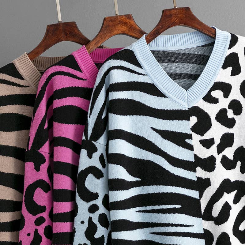 LEOPARD PRINT PATCHWORK MIXED KNIT SWEATER