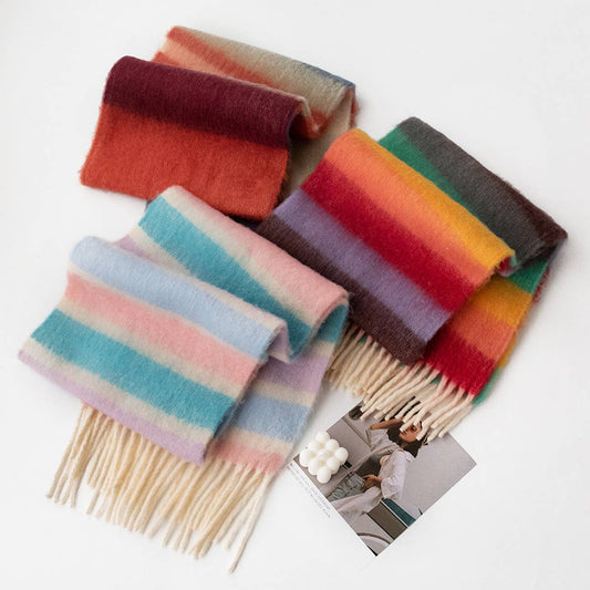 Dopamine Rainbow Scarf - Fuzzy Plaid Winter Wrap