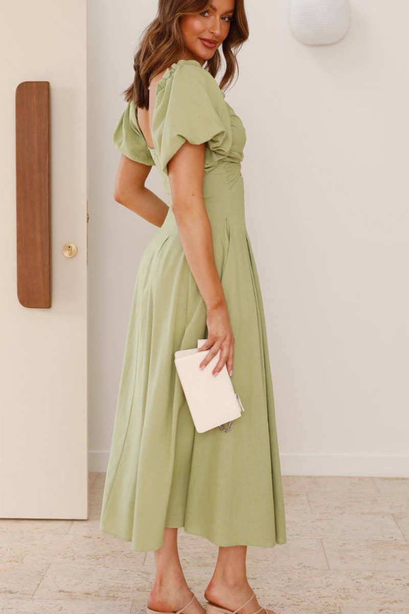 CWDMD5652_SOLID V-NECK LONG PUFF SLEEVE SLIM MAXI DRESS