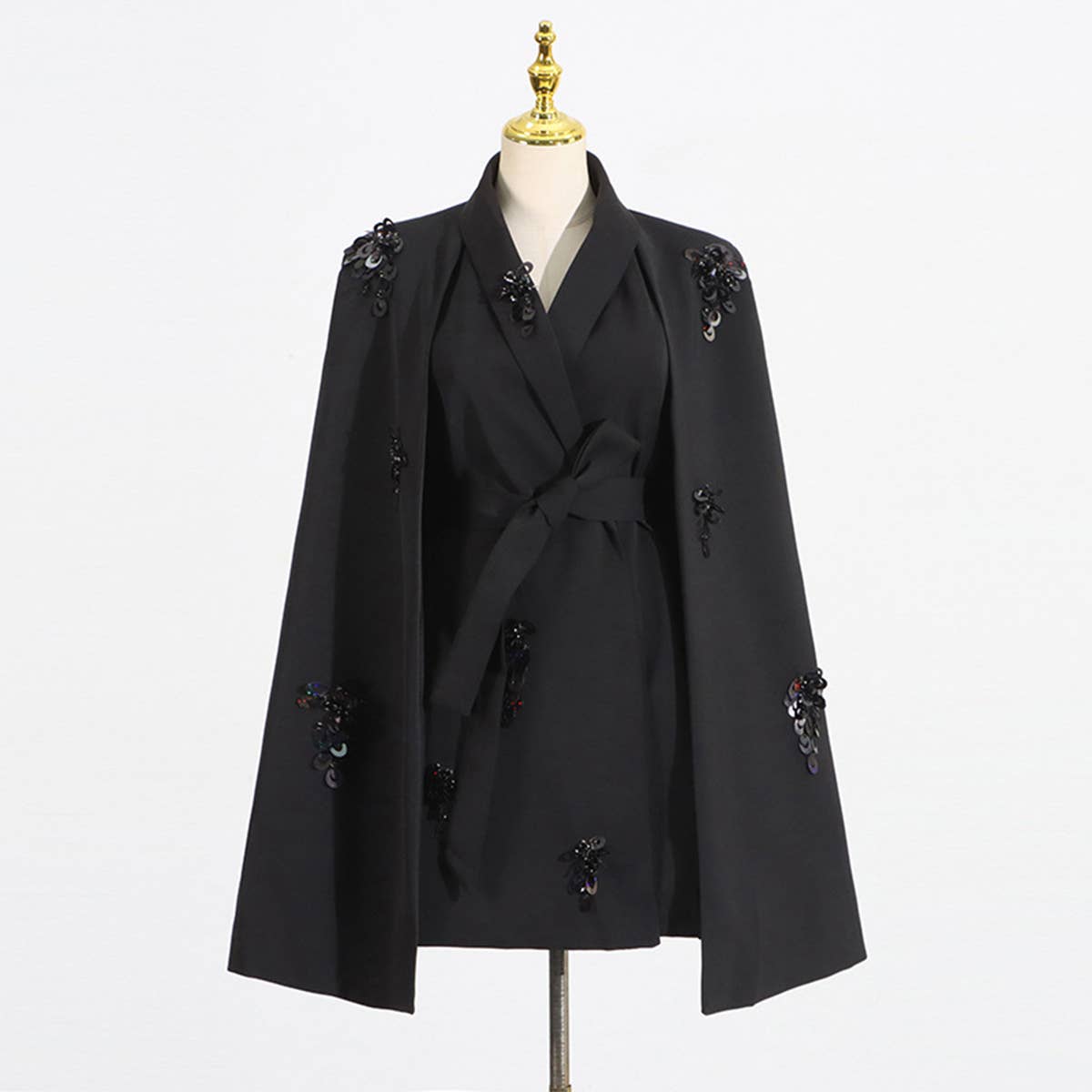 Chic Patchwork Cape Blazer with Waist Tie_CWOCO1253