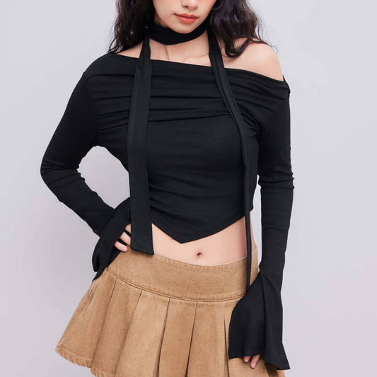 LINE NECK OFF-THE-SHOULDER DESIGN CROPPED TOP