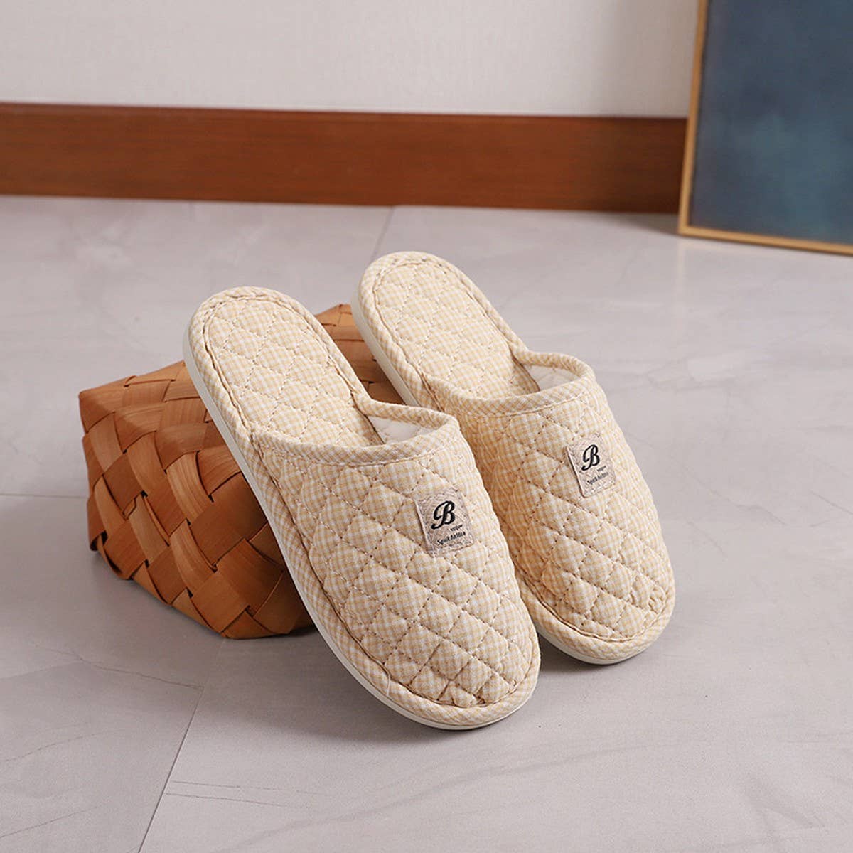 Plaid Cotton Closed-Toe Slippers with Rubber Sole_CWSHF0201