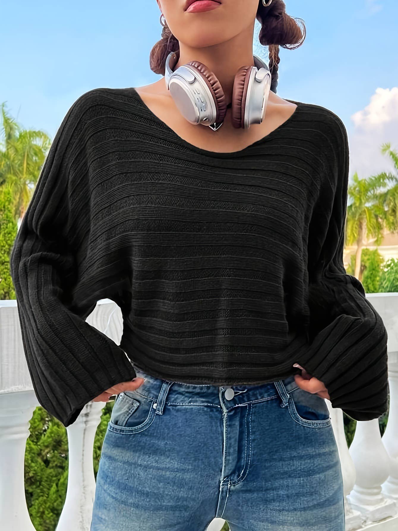 Versatile solid color loose knitted sweater