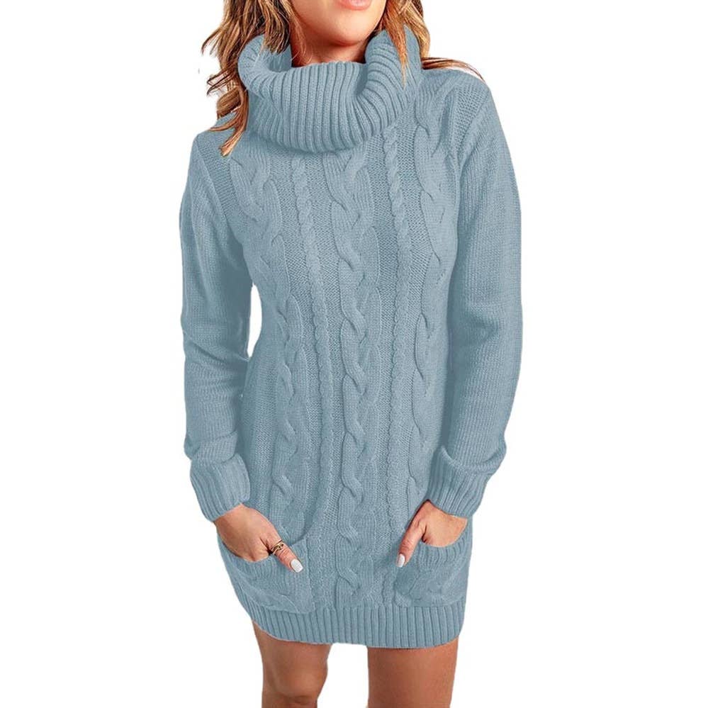 TURTLENECK SOLID COLOR CREW-NECK SWEATER DRESS