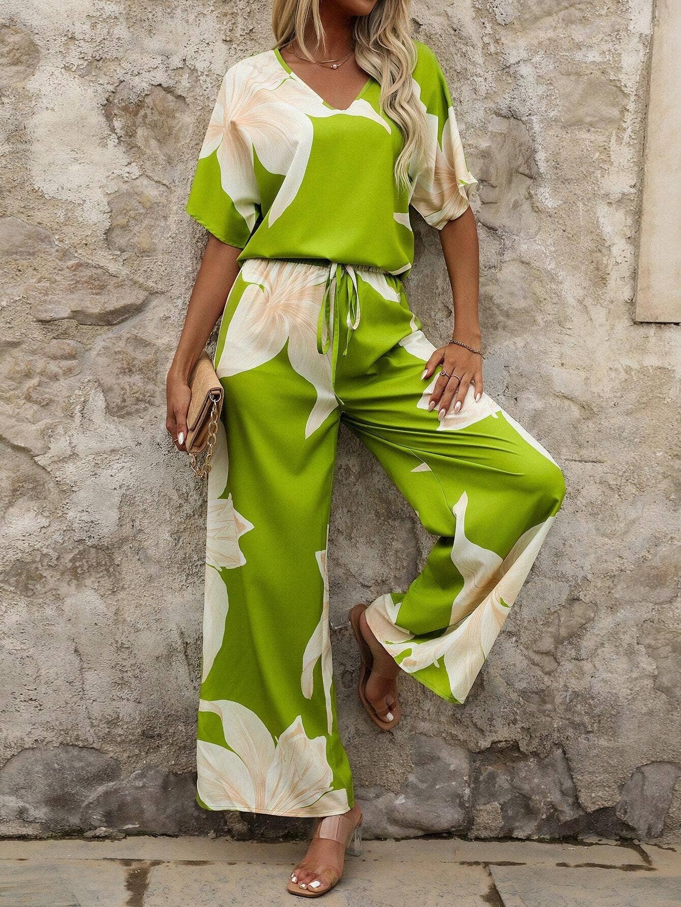 Printed fashion casual Top and long pants set