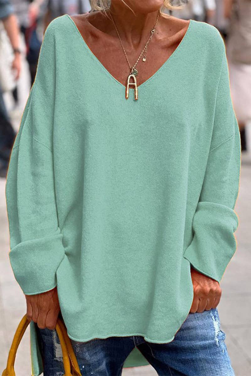 SOLID COLOR V-NECK LONG SLEEVE CASUAL T-SHIRT