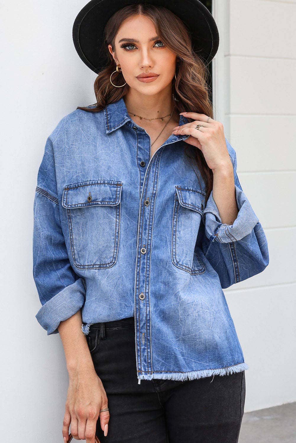 DROP SHOULDER VINTAGE DENIM SHIRT WITH OLD LAPELS