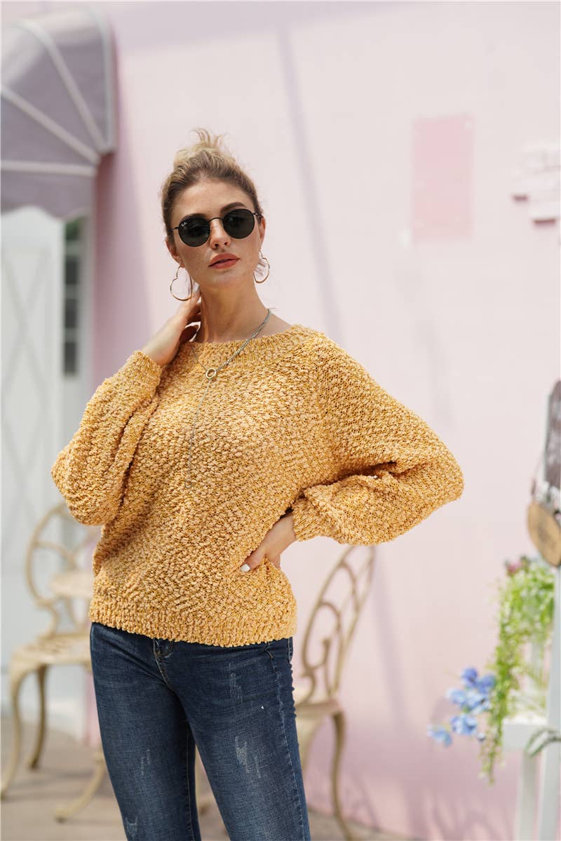 Line neck long sleeve solid color pullover sweater