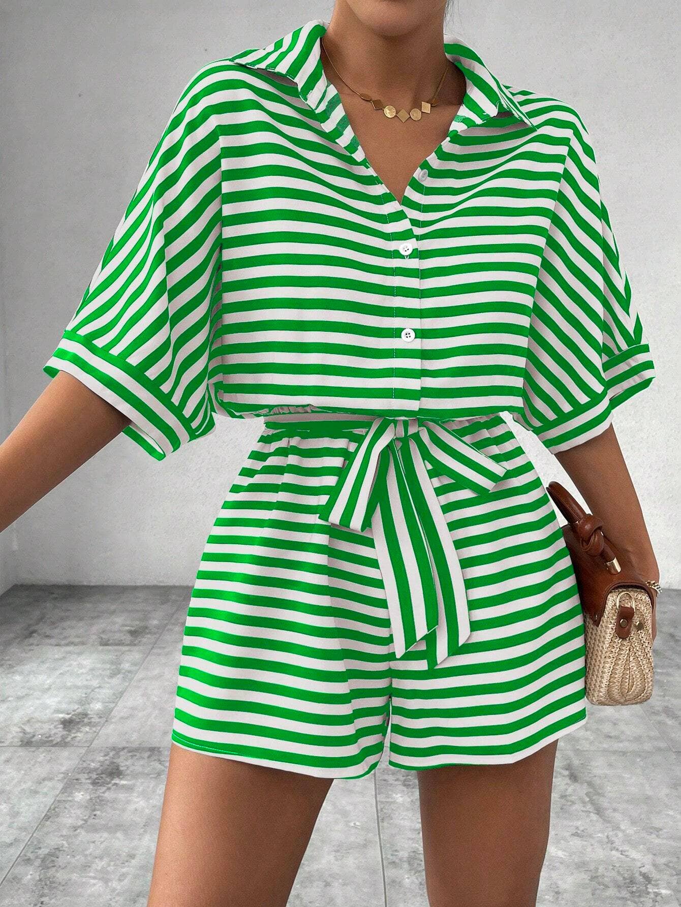 Women¡¯s striped buttoned cardigan romper