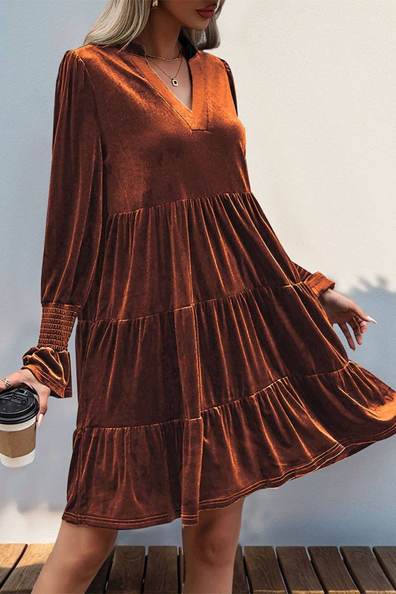 CWDMD3552_V-NECK LONG-SLEEVED SOLID COLOR VELVET DRESS