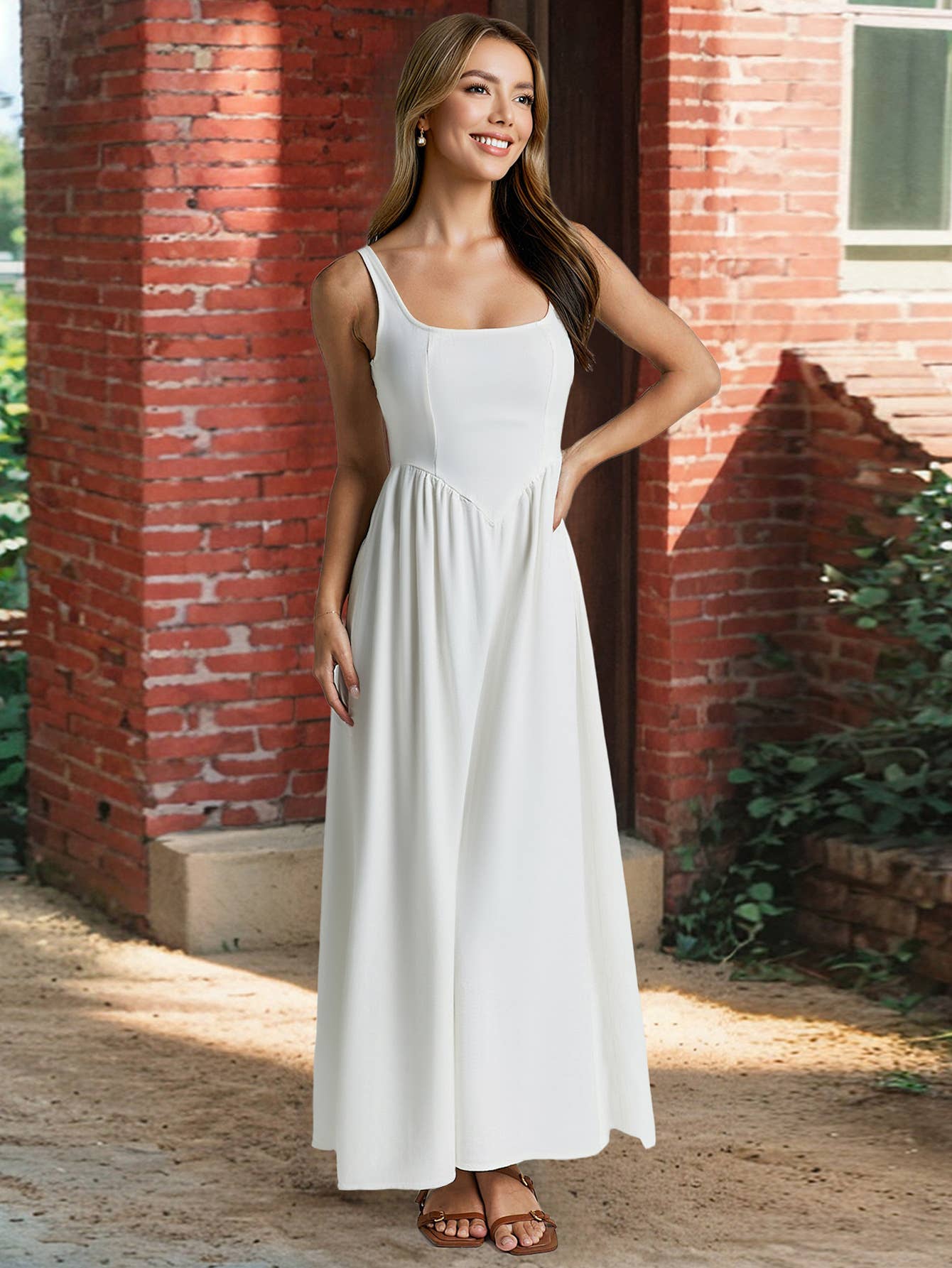 Solid-color elegant square-neck halter dress