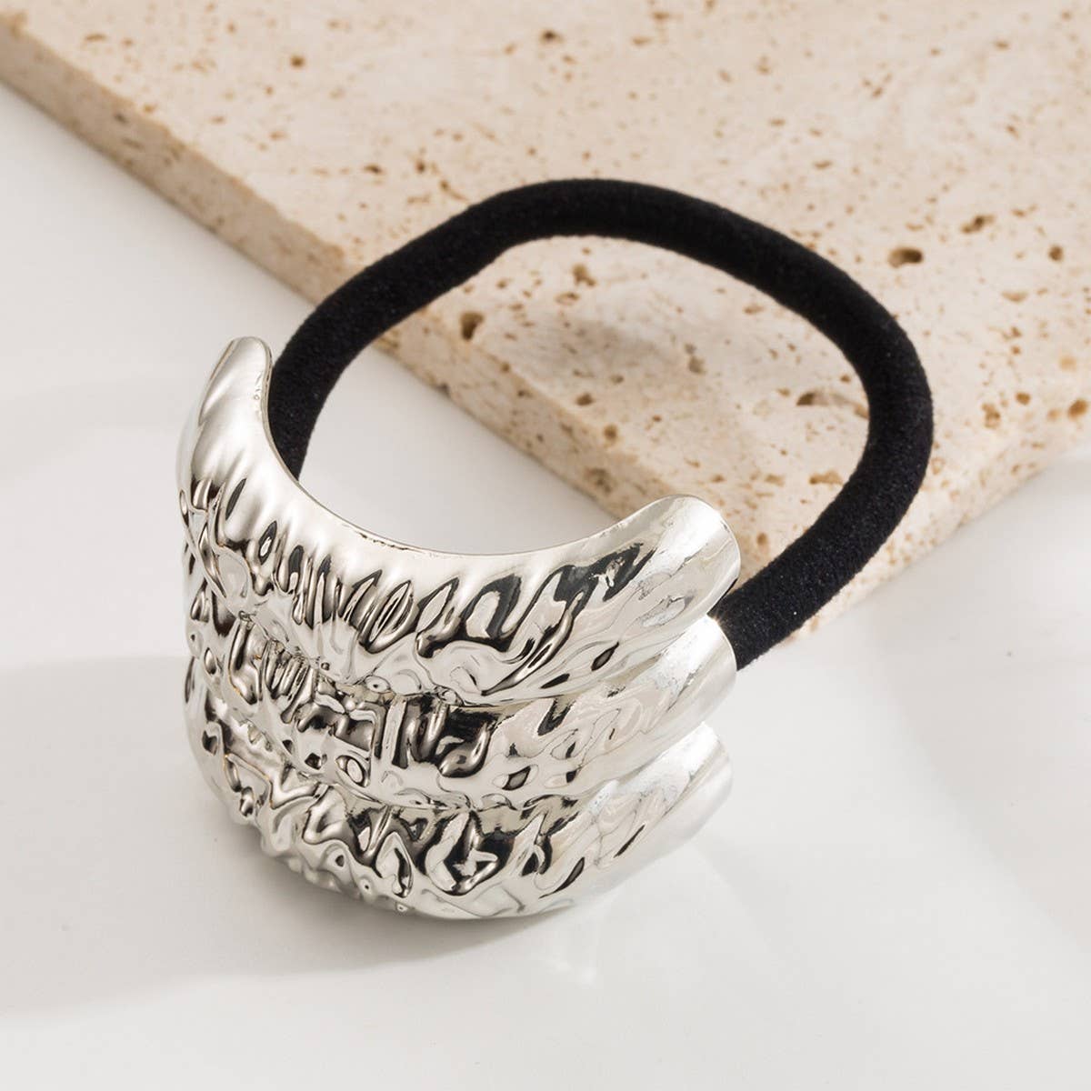 Unique Metal Textured Geometric Flower Hair Tie