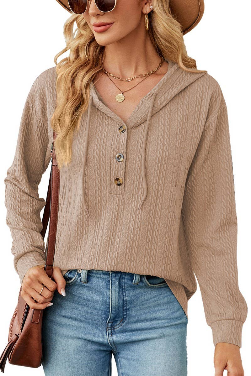 CWOHOL0475_Casual V-Neck Hoodie Long Sleeve Top