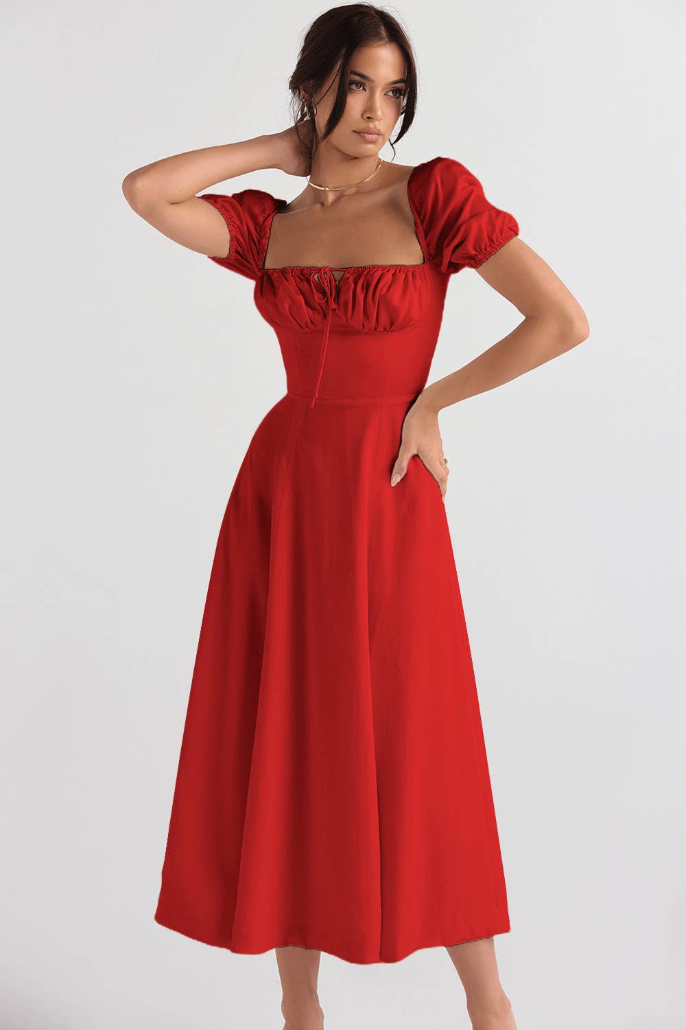 Sexy square neck A-line puff sleeve slit dress