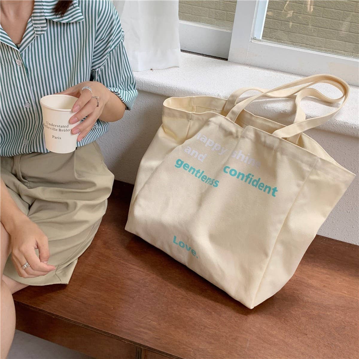 CWAB5815_LARGE CAPACITY CANVAS TOTE BAG WITH LETTER PRINT